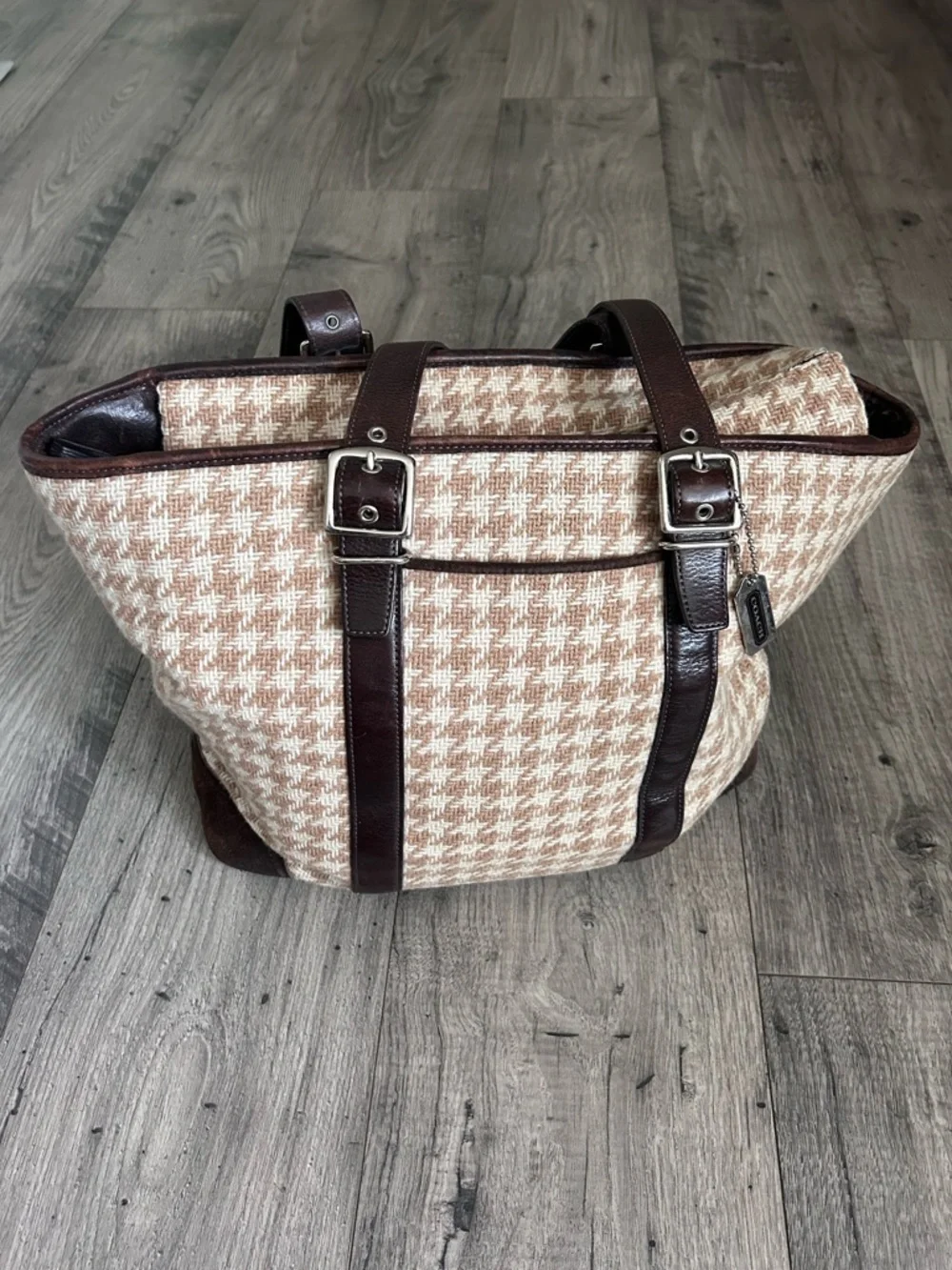 Vintage 2005 Coach 5178 Houndstooth Wool Leather Hamptons Tote Bag